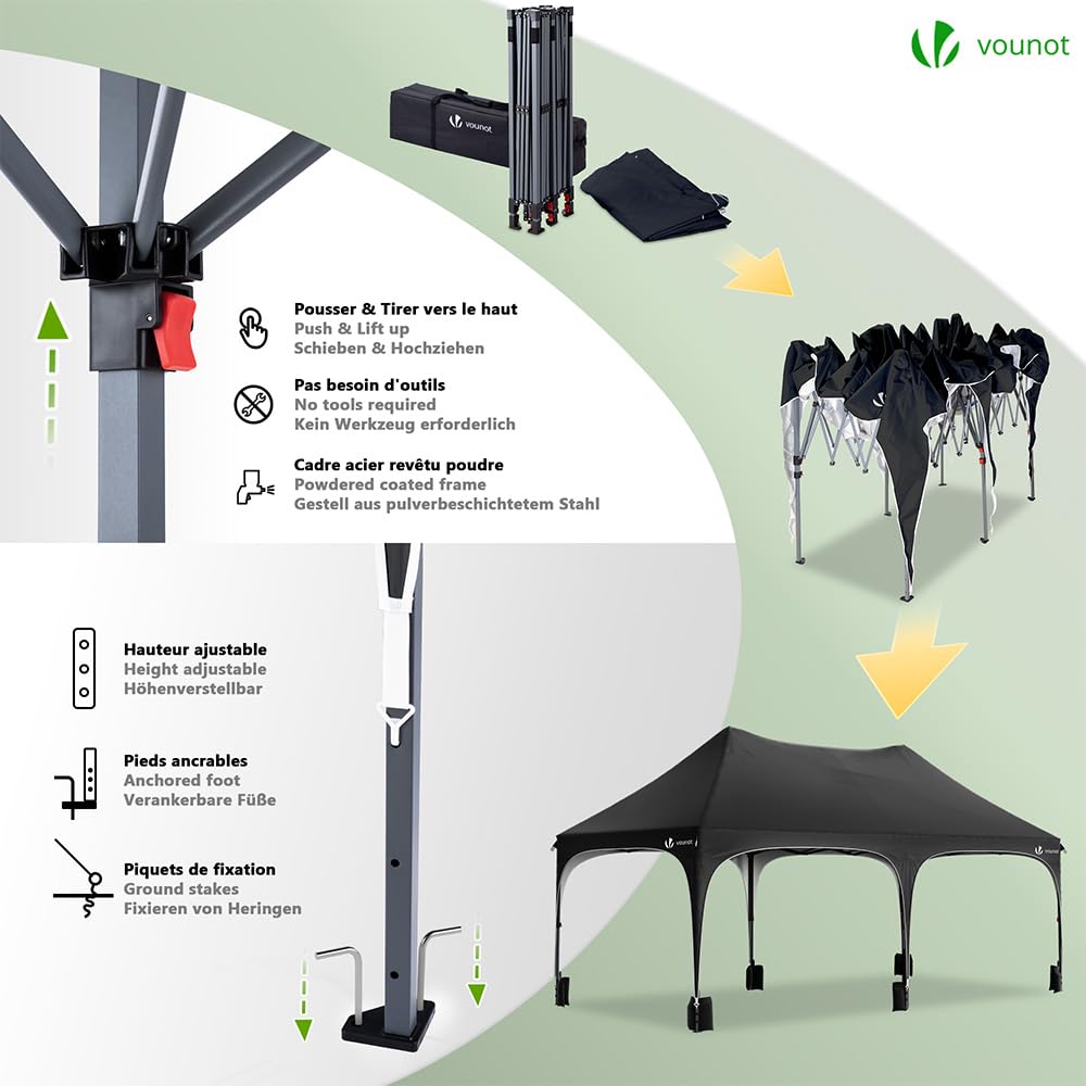 VOUNOT® Gazebo Pieghevole 3x6m Impermeabile con 6 Pareti Laterali Nero
