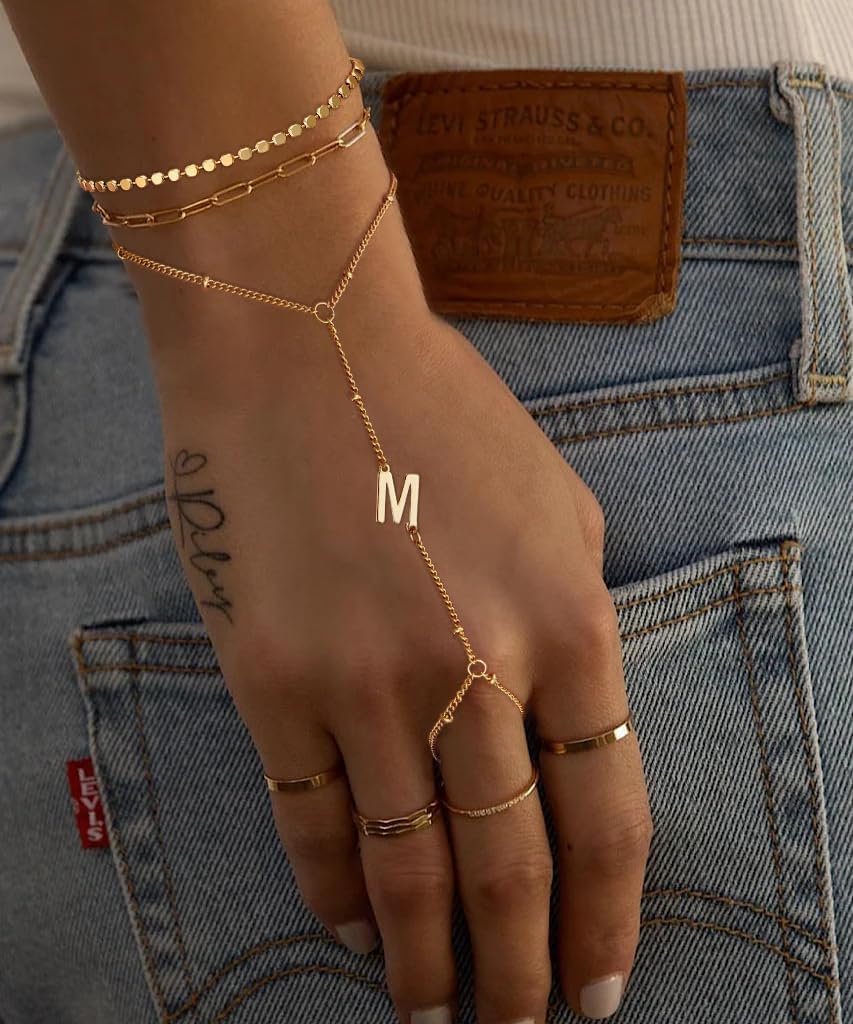 Ascona Valentines Day Gifts for Her Initial Hand Chain Bracelet for Women-14K Gold Plated Ring Bracelet Hand Chain for Women Trendy,Dainty Letter A-Z Link Charm Stack Bracelets Set Jewelry Gifts - Image 3