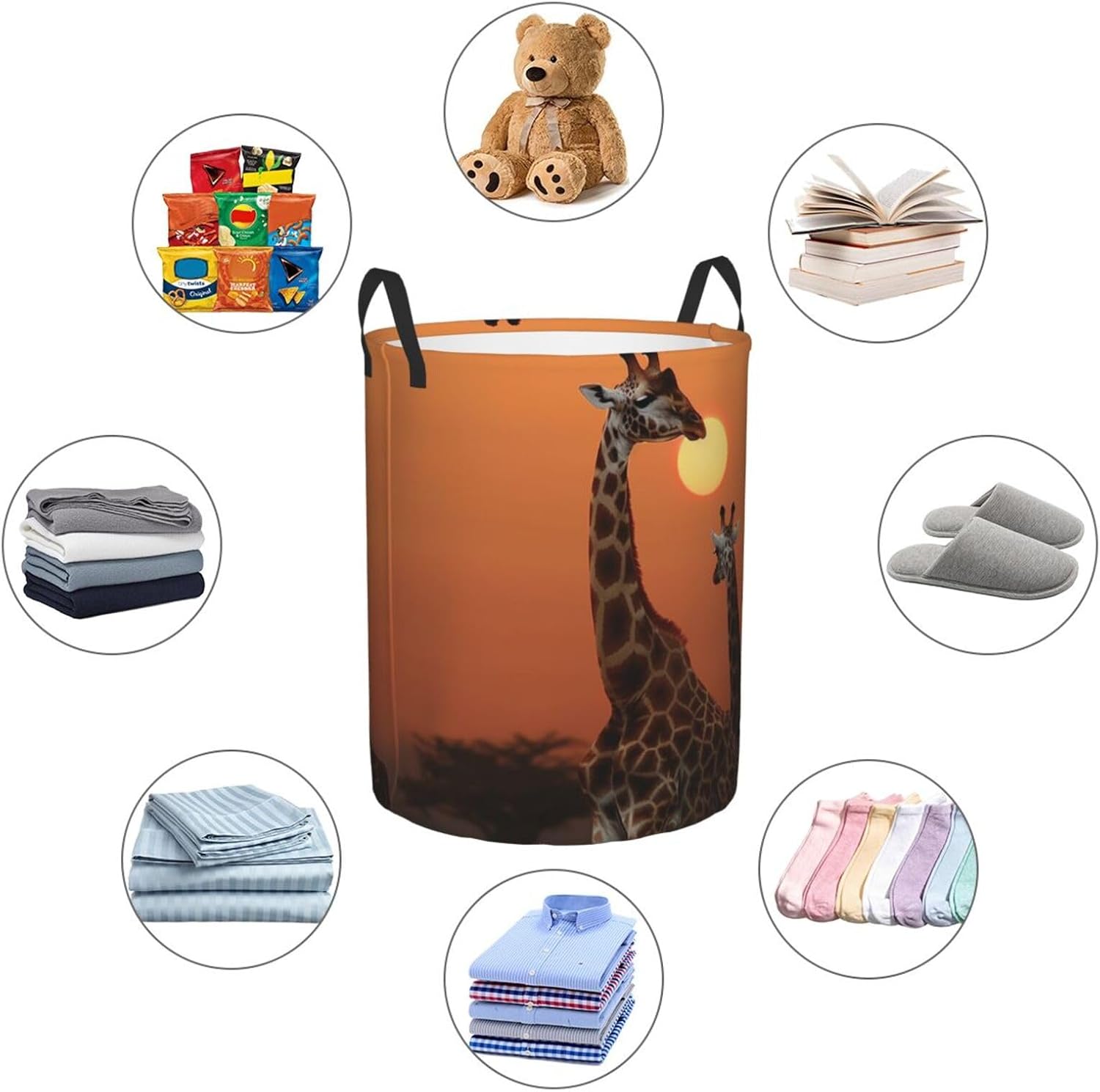 Giraffe at sunset Laundry Basket With Handles, Foldable Laundry Hamper Oxford Cloth Dirty Clothes Basket Waterproof Clothes Toys Storage Bin Organizer for Bedroom Bathroom Dorm