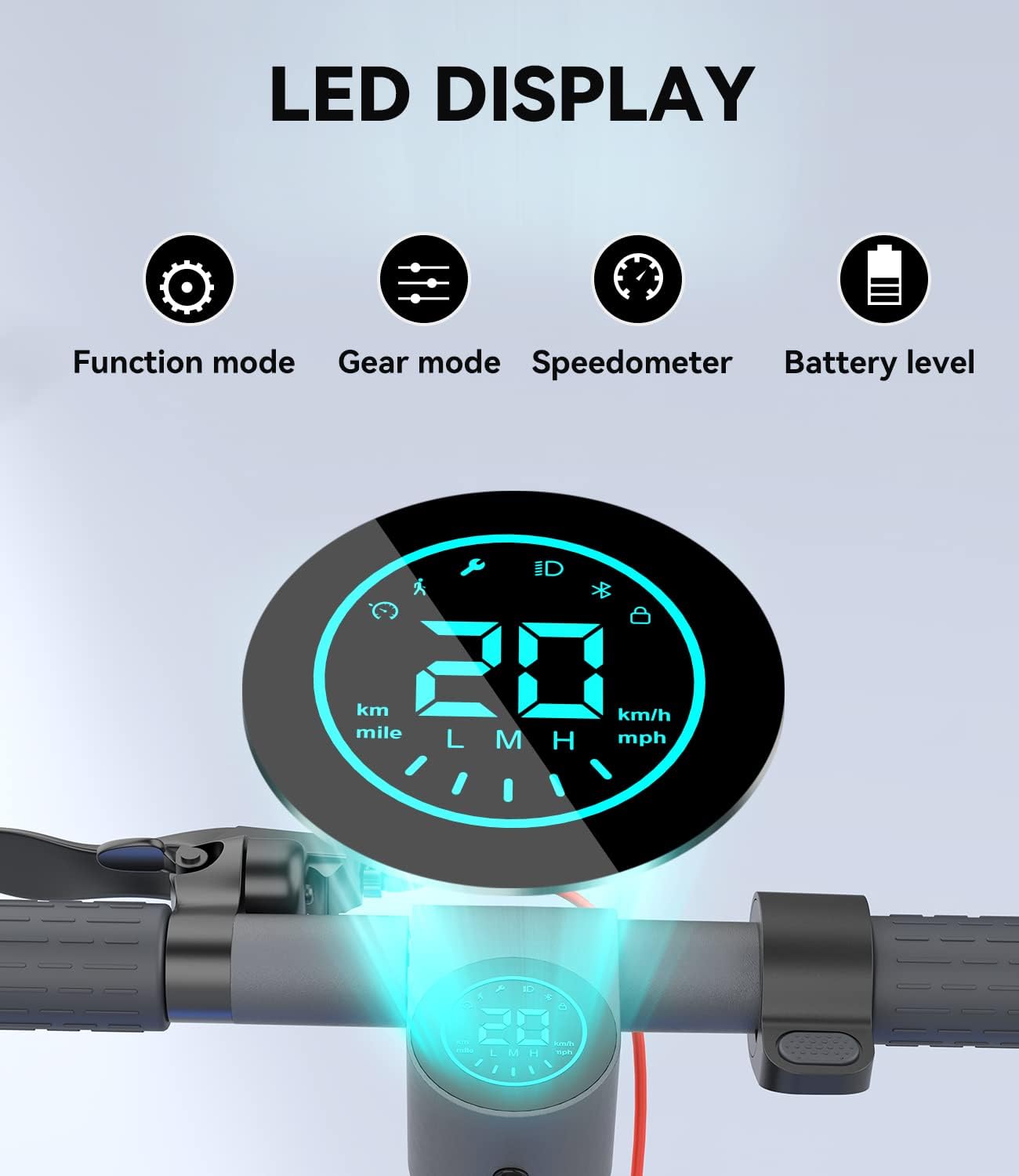 ภาพระยะใกล้ของหน้าจอ LED บนสกูตเตอร์ไฟฟ้า MEGAWHEELS A6 แสดงโหมดการทำงาน โหมดเกียร์ มาตรวัดความเร็ว และระดับแบตเตอรี่