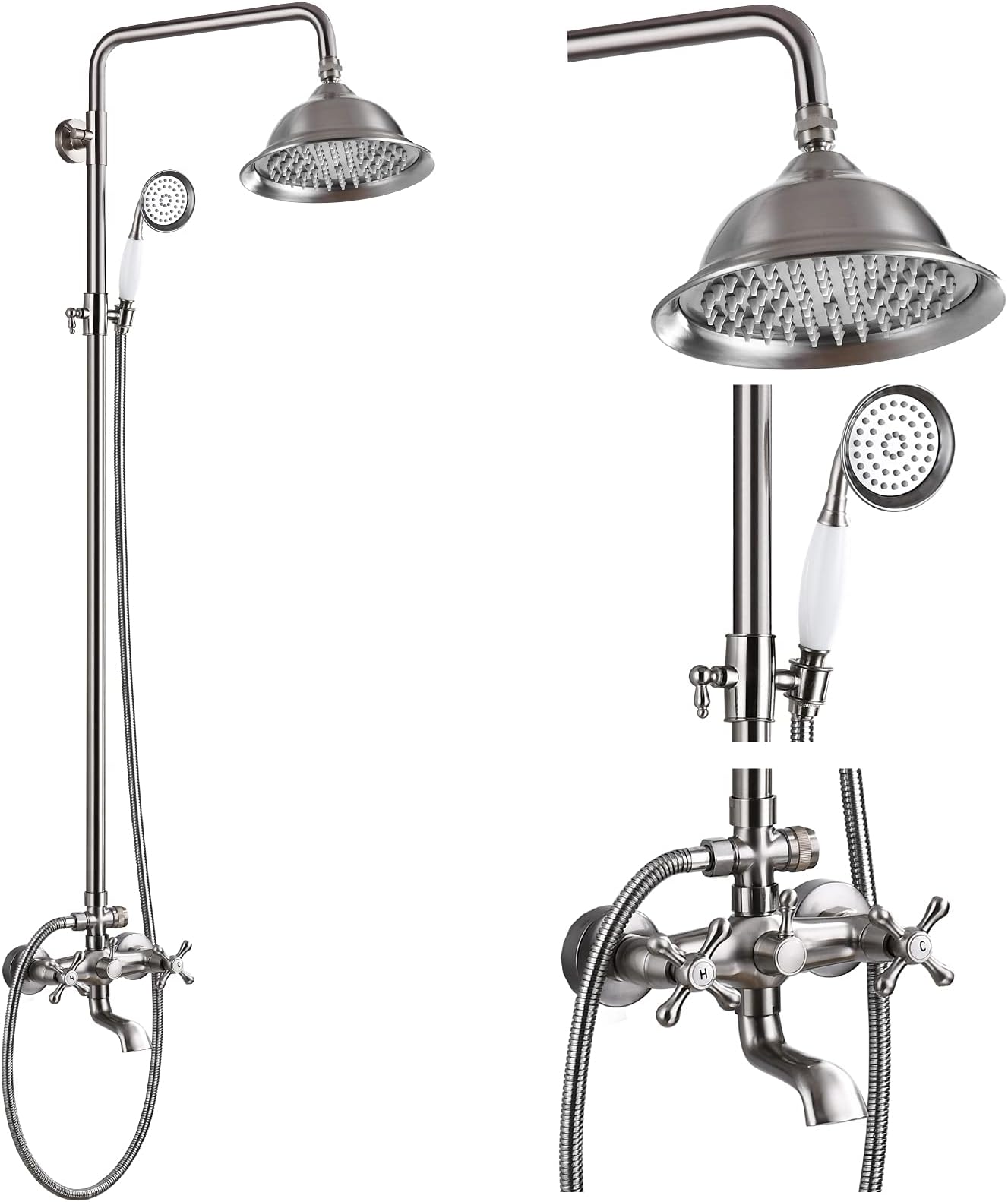gotonovo Brushed Nickel Shower System 8 Inch Rainfall Shower Head Bathroom Shower Faucet with Tub Spout and Handheld Spray Wall Mount Double Cross Handle Shower Fixture