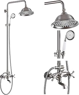 gotonovo Bathroom Exposed Shower Faucet Outdoor Shower System 8 Inch Rainfall Shower Head Set with Tub Spout and Handheld Spray Double Cross Handles Wall Mount without Shower Shelf Brushed Nickel