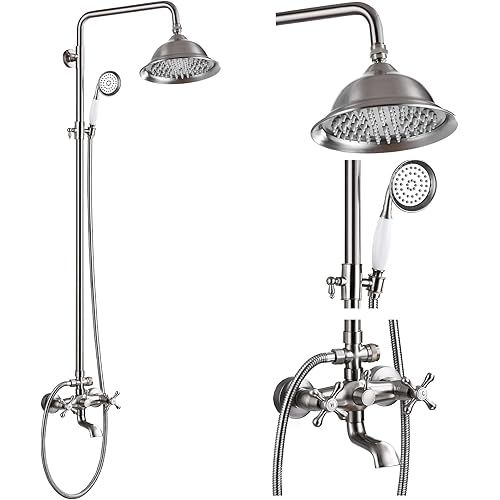 gotonovo Bathroom Exposed Shower Faucet Outdoor Shower System 8 Inch Rainfall Shower Head Set with Tub Spout and Handheld Spray Double Cross Handles Wall Mount without Shower Shelf Brushed Nickel