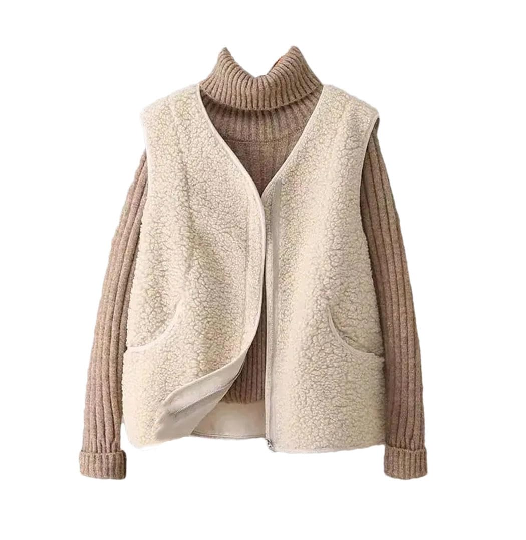 Chalecos de lana de cordero para mujer con cuello en V y cremallera estilo BF 7