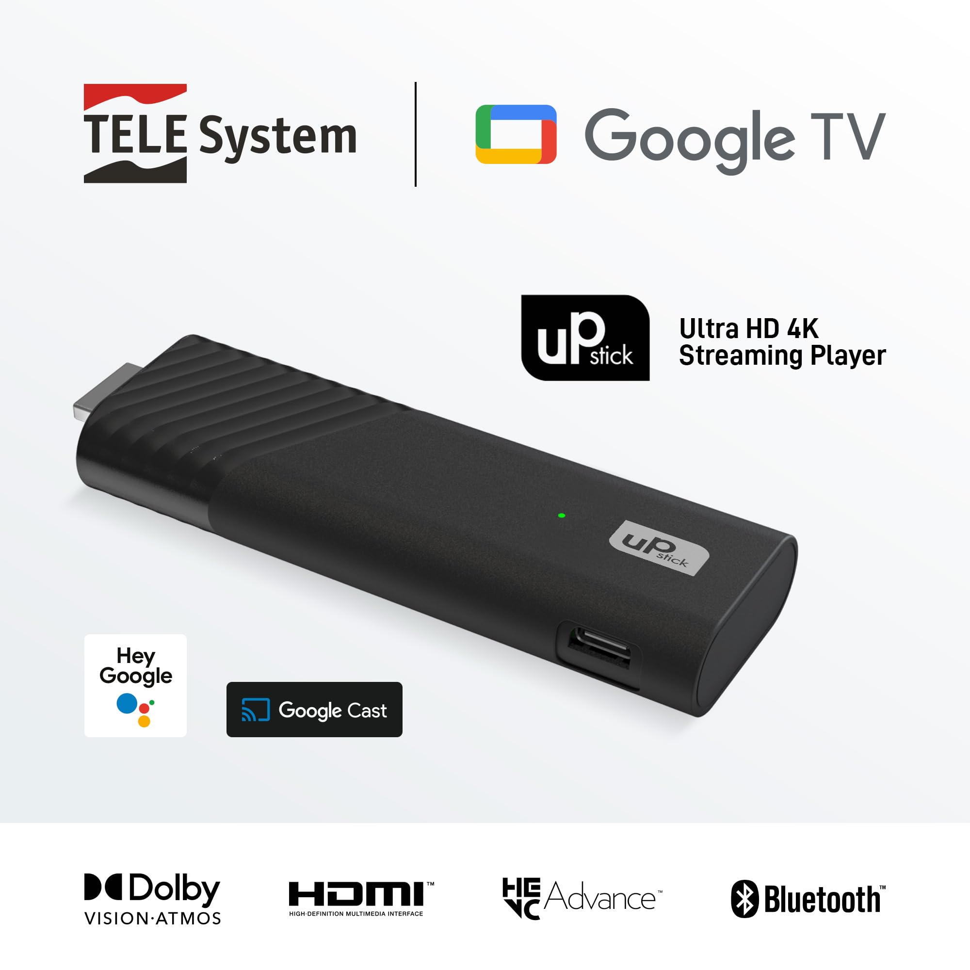 TELE System UP Stick Google TV 4K UHD HDMI, Wi-Fi Dual Band, Dolby Vision/Atmos, Google Assistant, 32GB, HDR10+, Telecomando Voice Control 2in1, Streaming Netflix, Prime Video, Disney+, YouTube