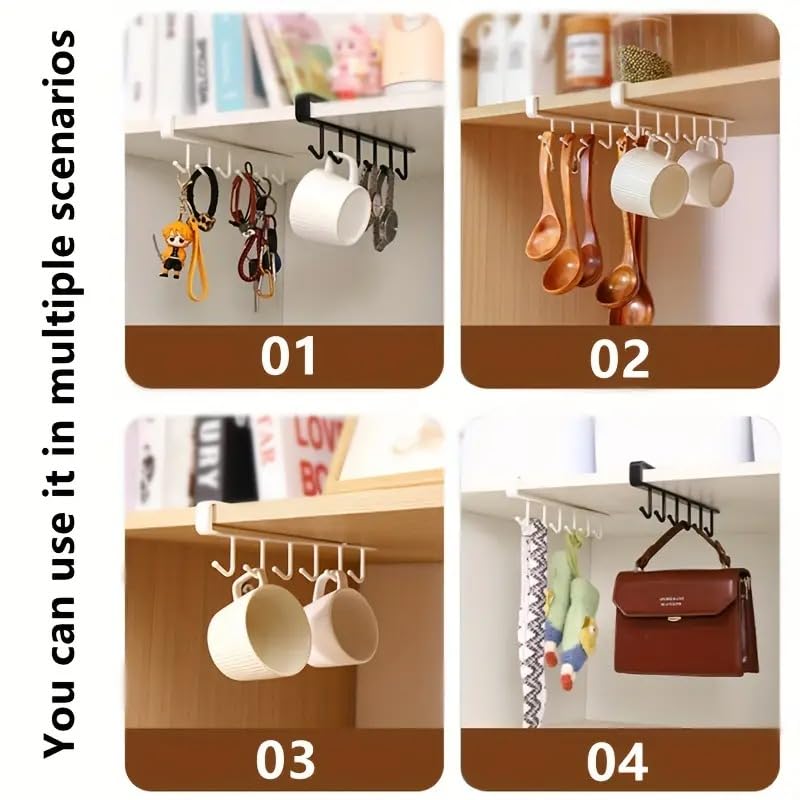 Image of 1 PCS 6 Metal Door Organiser Hook Hanger Under Shelf Kitchen Utensil Hanger Rack with 6 Hooks Wall Hanger Suitable for Room, Kitchen, Bathroom(ONLY Black).