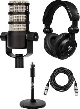 Rode PodMic Dynamic Podcasting Microphone, Bundle with Turnstile Audio TAPH100 Studio Monitor Headphones, HA Tabletop Microphone Stand, Value Series 15 XLR M to F Mic Cable
