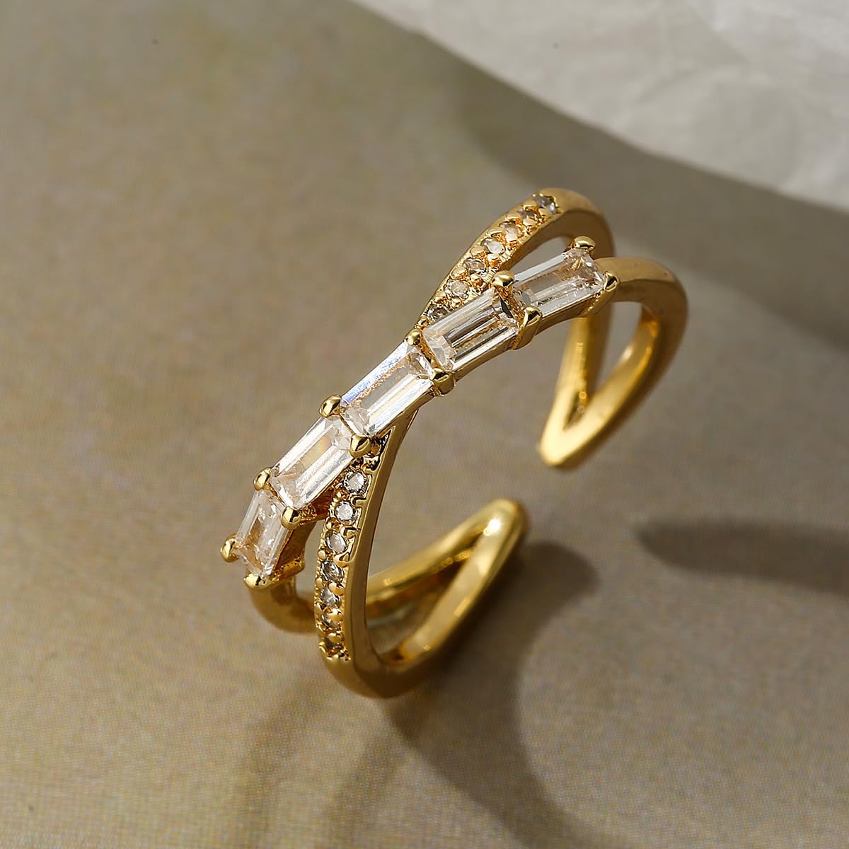 14K Gold Plated X Ring AAA CZ Criss Cross Ring for Women