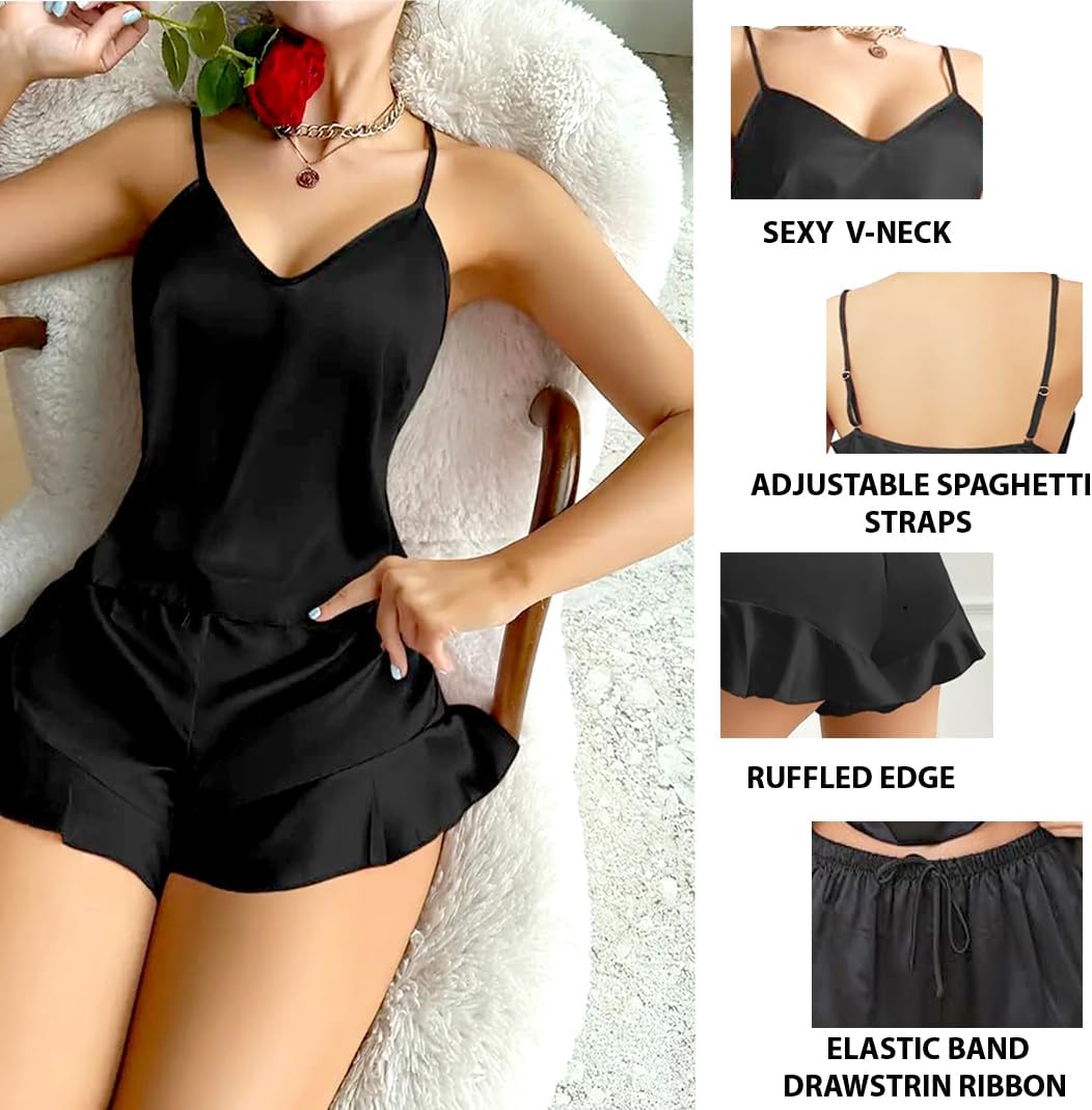 Satin Pajama Set for Women Silk Babydoll Elegant Sleepwear Camisole and Ruffle Shorts Loungewear Pjs (WS401-P) - Image 6
