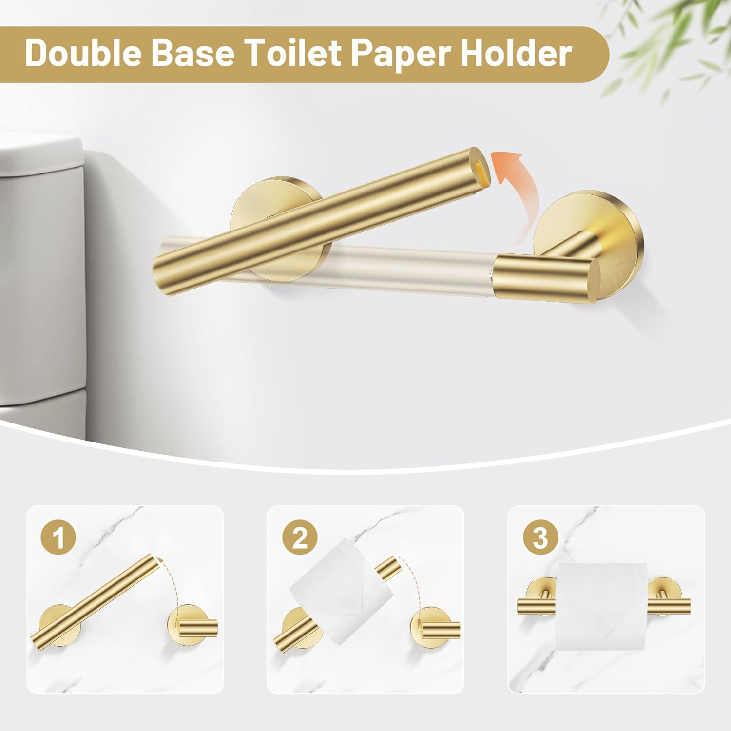 Lairuier Brushed Gold Towel Holder Set Include Double Bases Toilet Paper Holder,Towel Ring and 2 Towel Hooks Stainless Steel Wall Mounted Bathroom Hardware Accessories Set