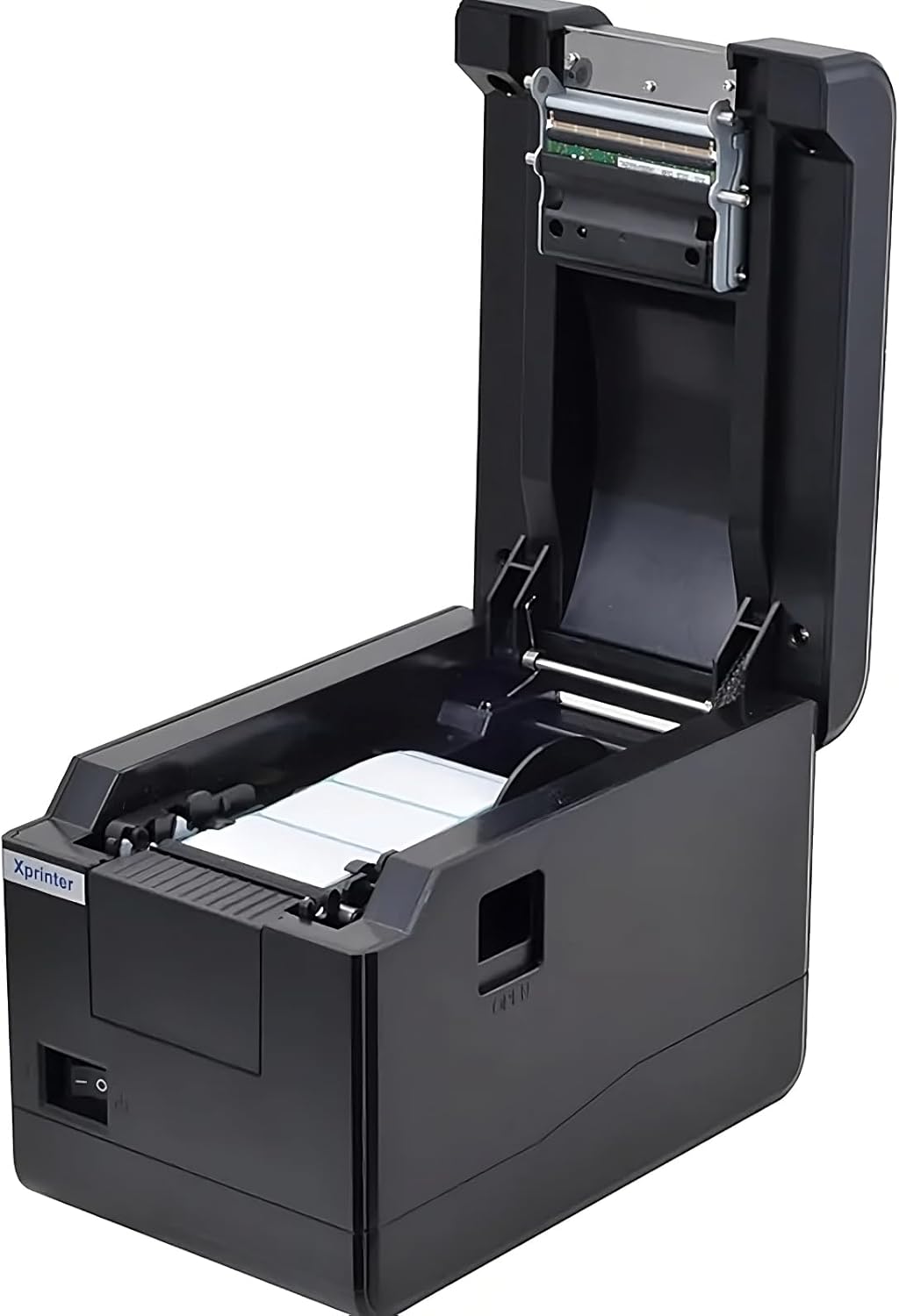 Xprinter XP-233B with the top cover open, showing the label roll compartment and print head.