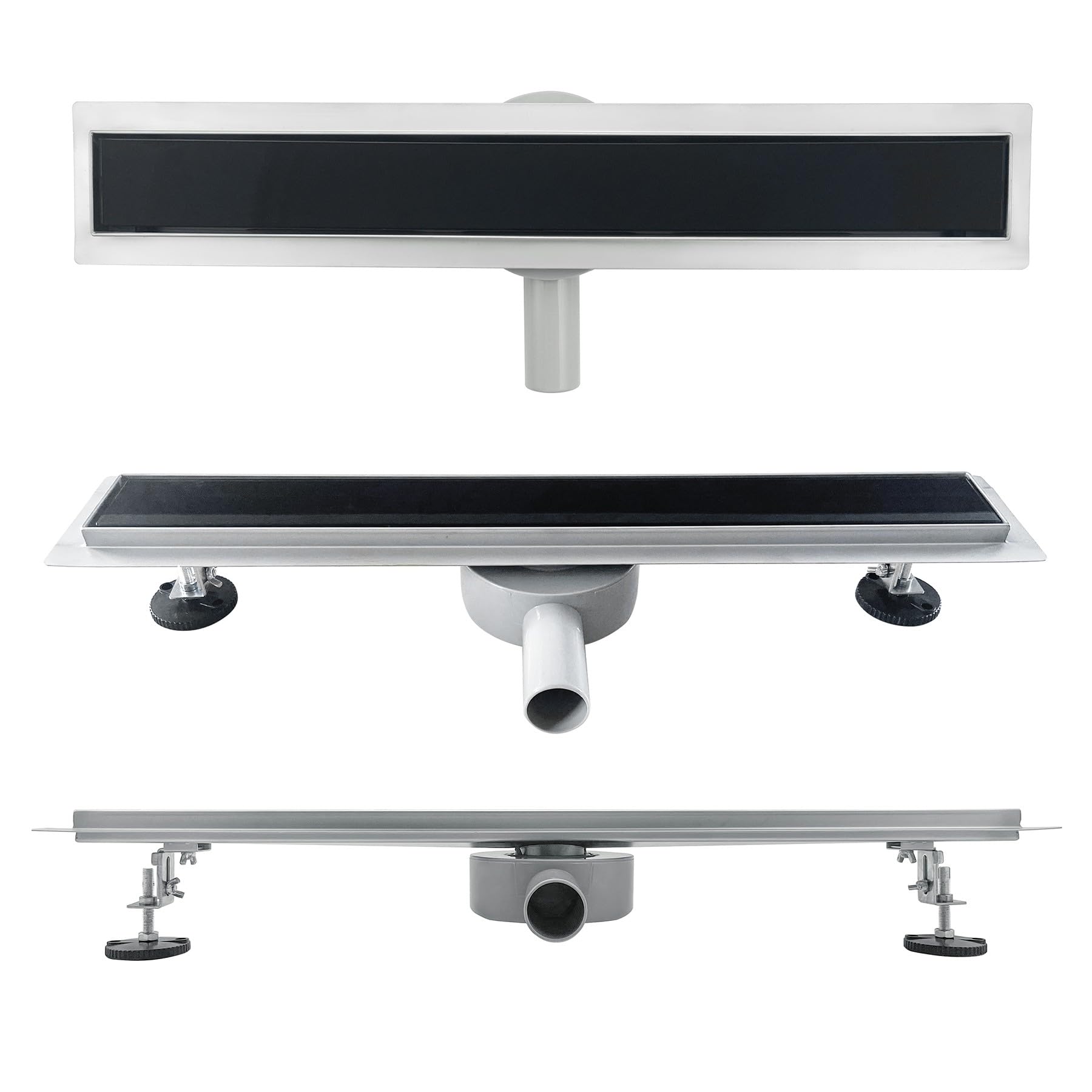 DUKA Caniveau de douche L.80 cm verre noir inox avec siphon 360°, drainage performant