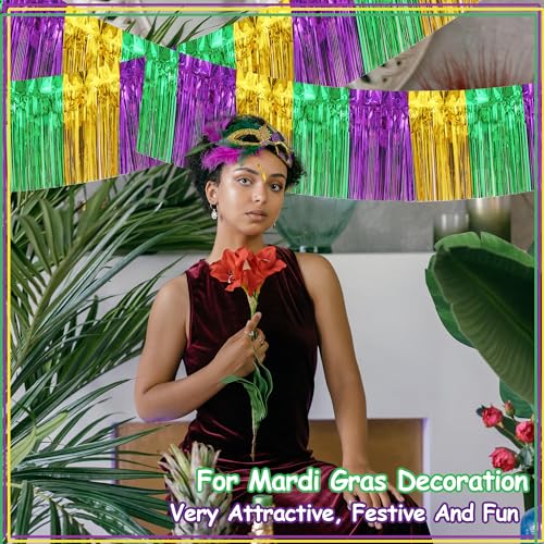 Image of 4 Pack 39 Feet Green Gold Purple Foil Fringe Garland Metallic Tinsel Streamers Banner Fringe Backdrop Banner for Parade Floats Mardi Gras Birthday Party Homecoming Decoration (Green Gold Purple)