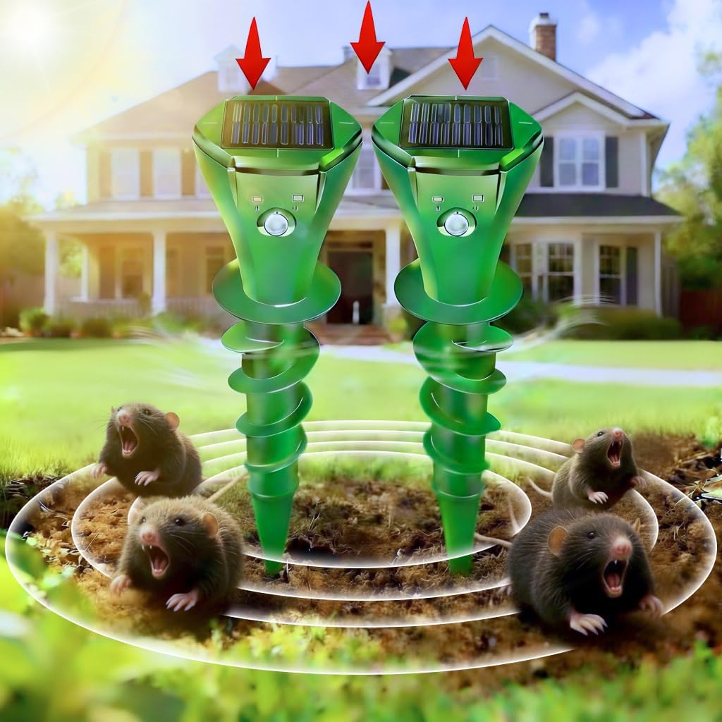 Mole Repellent Solar Powered, 2 Pack Ultrasonic Gopher Repeller IP65 Waterproof for Lawn Garden Yard, Sonic Vole Repellent Mole Killer Outdoor Get Rid of Snake Groundhog Chipmunk Squirrels-Green