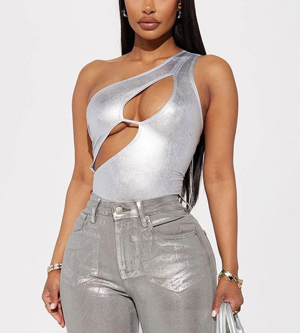 Women's Silver Metallic Liquid One Piece Bodysuit Cut Out One Shoulder Leotard Tank Top Rave Outfit