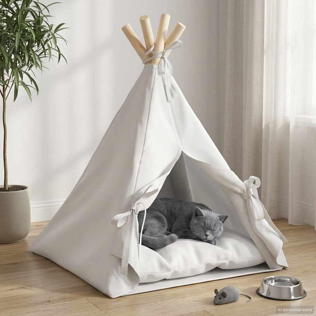 Tipi pour petits chiens et chats, niche en bois de pin, tente pour chat avec coussin doux, espace de couchage pour l'intérieur, 40 x 40 x 50 cm