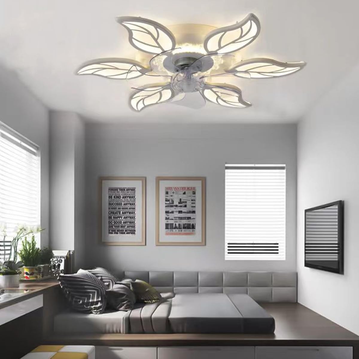 Lampadari, plafoniera a LED, Ventilatore a soffitto con Illuminazione, Bianco, Telecomando, Silenzioso, dimmerabile, 6 luci, Design per Soggiorno e Camera da Letto