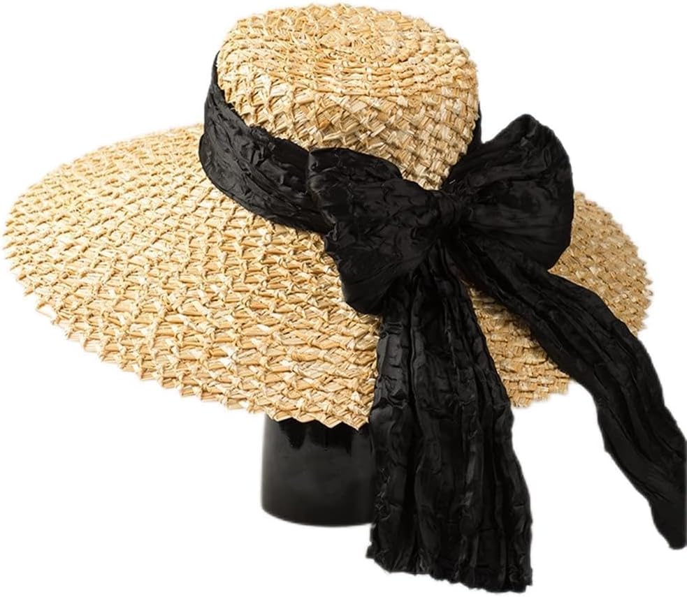 Natural Flower Braided Wheat Bow Hat Large Brim Outdoor Beach Sun Protection Visors