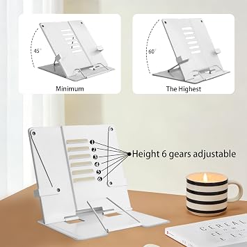 Adjustable Recipe Book Stand, Folding Cookbook Holder for Kitchen, School and Office Use, Reading Rest with Multiple Angles (White)