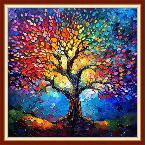 Image of Joyhoor Stamped Cross Stitch Kits for Beginners Needlepoint Kits for Adults Embroidery Kits 11CT Counted Cross Stitch Kits Printed Embroidery Pattern-Luminous Tree 18x18 inchs
