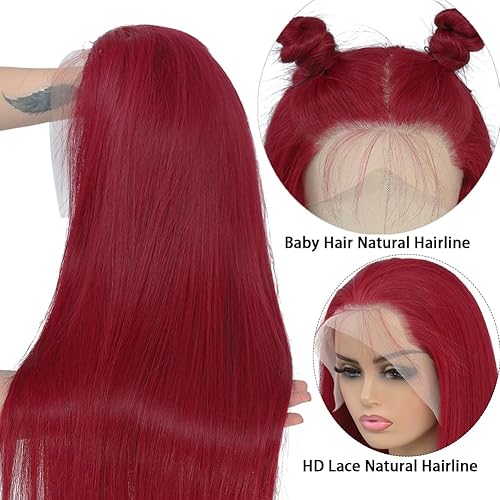 Miniatura 3 de ZGWG Pelucas de cabello humano con encaje frontal color burdeos 99j de 180% de densidad, pelucas de cabello humano lacio con encaje frontal de 13 x