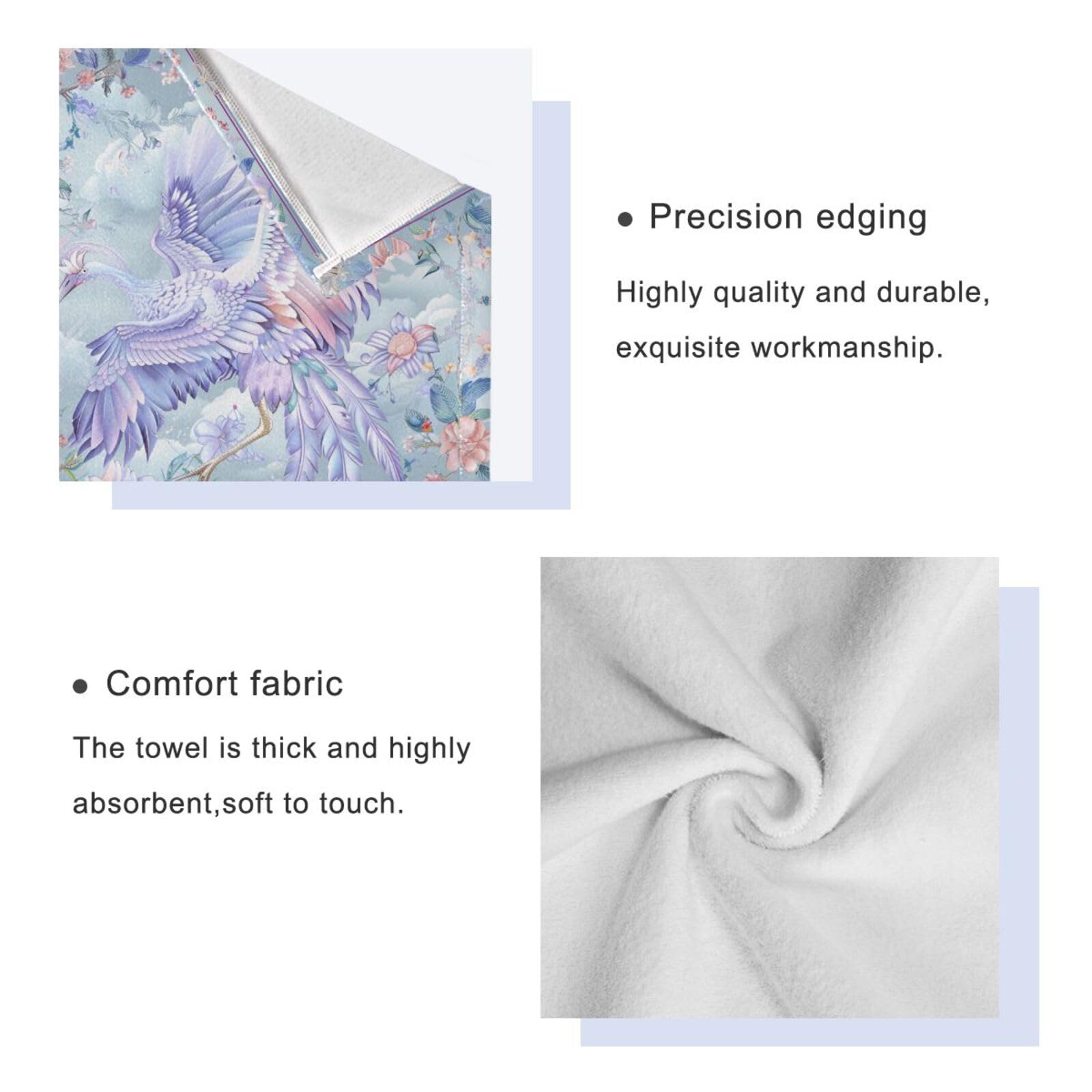 Set di 3 asciugamani morbidi in stile bohémien con fiori e gru viola, 1 asciugamano da bagno, 1 asciugamano per le mani, 1 panno per la casa, cucina e famiglia