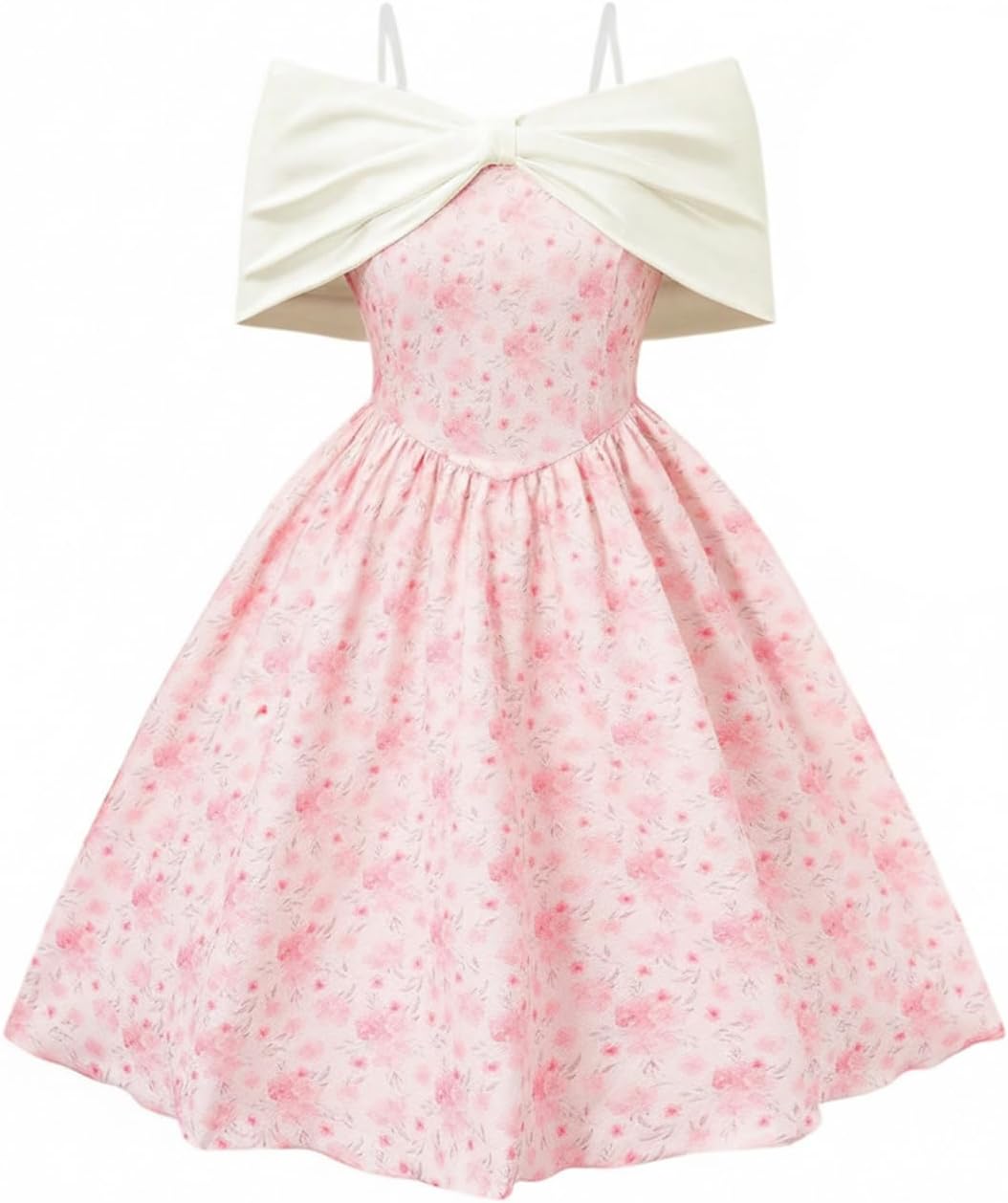 SHENHE Girl's Cute Off Shoulder Bow Princess Dress Color Block Short Sleeve Flared Ruffle Dress