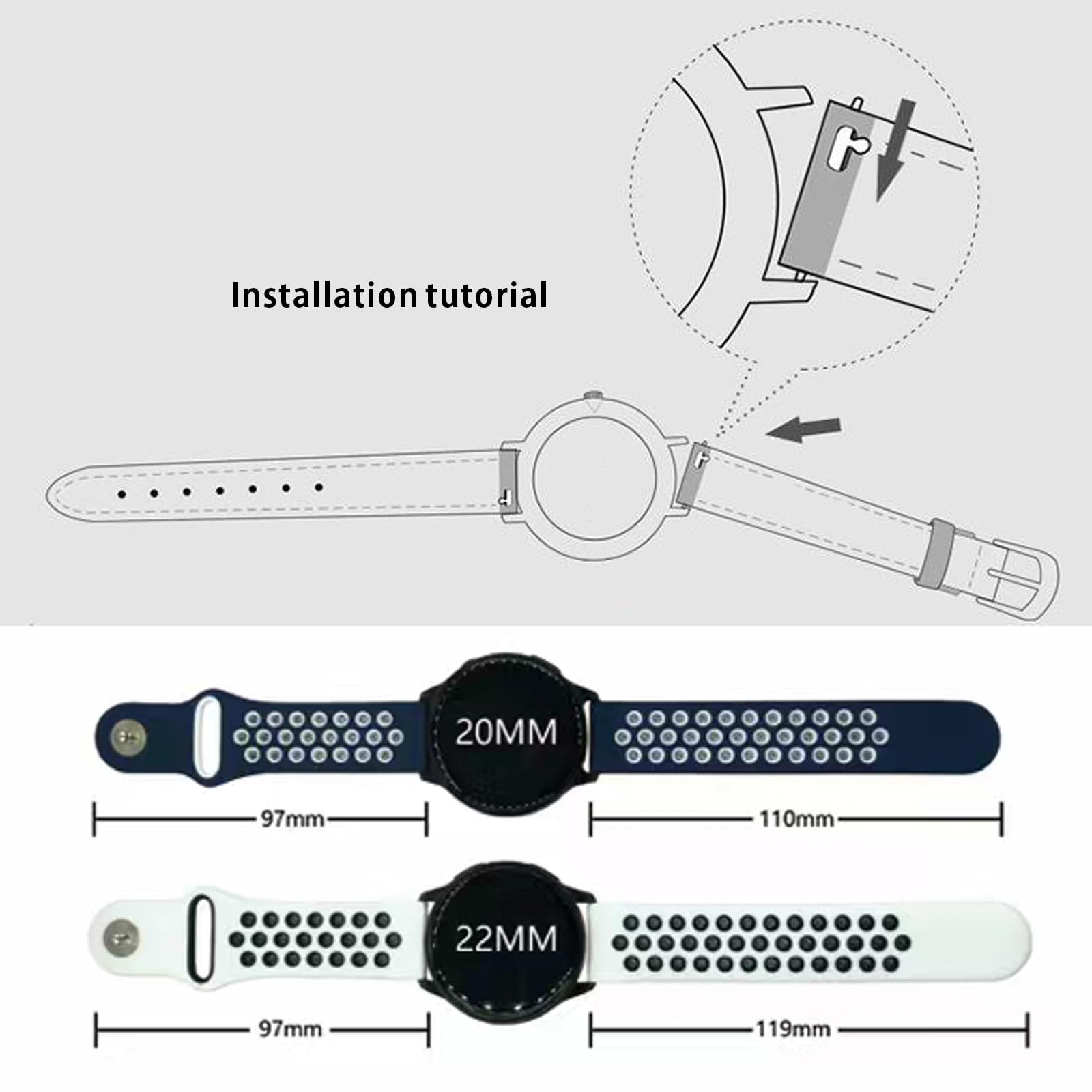 Watch strap 20mm/22mm porous breathable two-color silicone strap, soft, comfortable, waterproof and breathable, simple installation without tools, men and women (20MM, Black + rose)