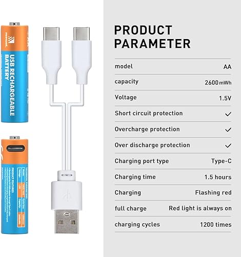 Miniatura 4 de Maxwel Baterías de litio AA recargables, paquete de 4 baterías recargables por USB, batería de iones de litio de 1.5 V 2600 mWh con cable de carga