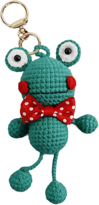Handmade Crochet Frog Keychain, Cute Knitted Frog Doll Bag Charm with Polka Dot Bow, Woven Plush Pendant for Car Keys, Backpack Purse Accessories, Gift for Girls Women Teens