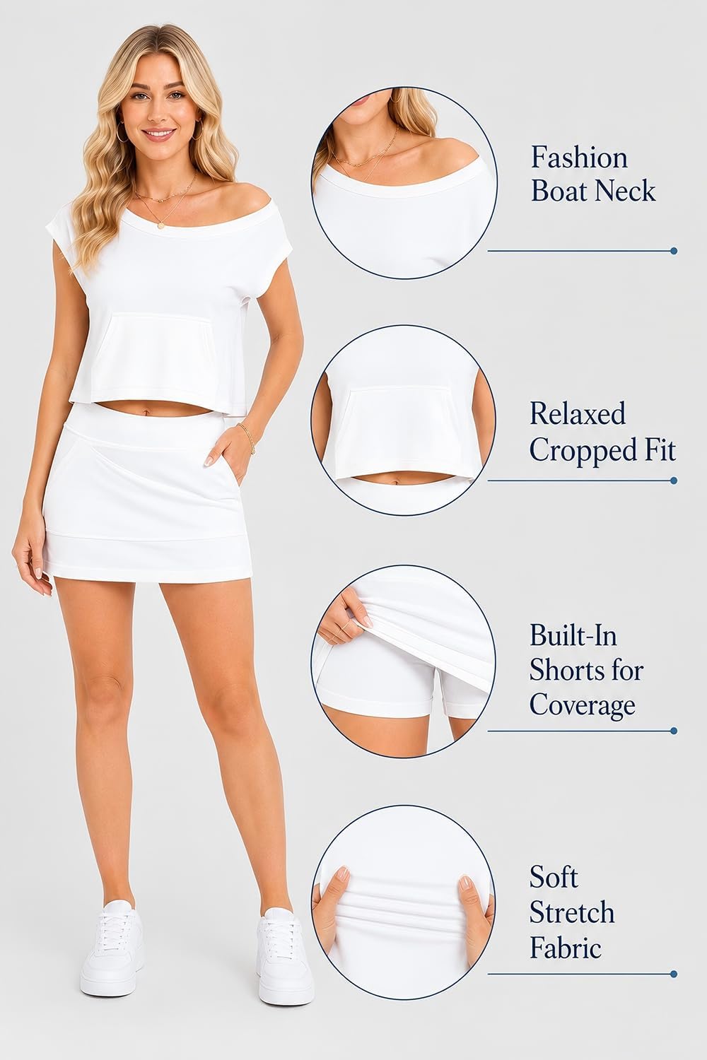 2 Piece Skort Sets for Women Summer Off the Shoulder Cropped Top Lined Tennis Skirt Set with Pockets