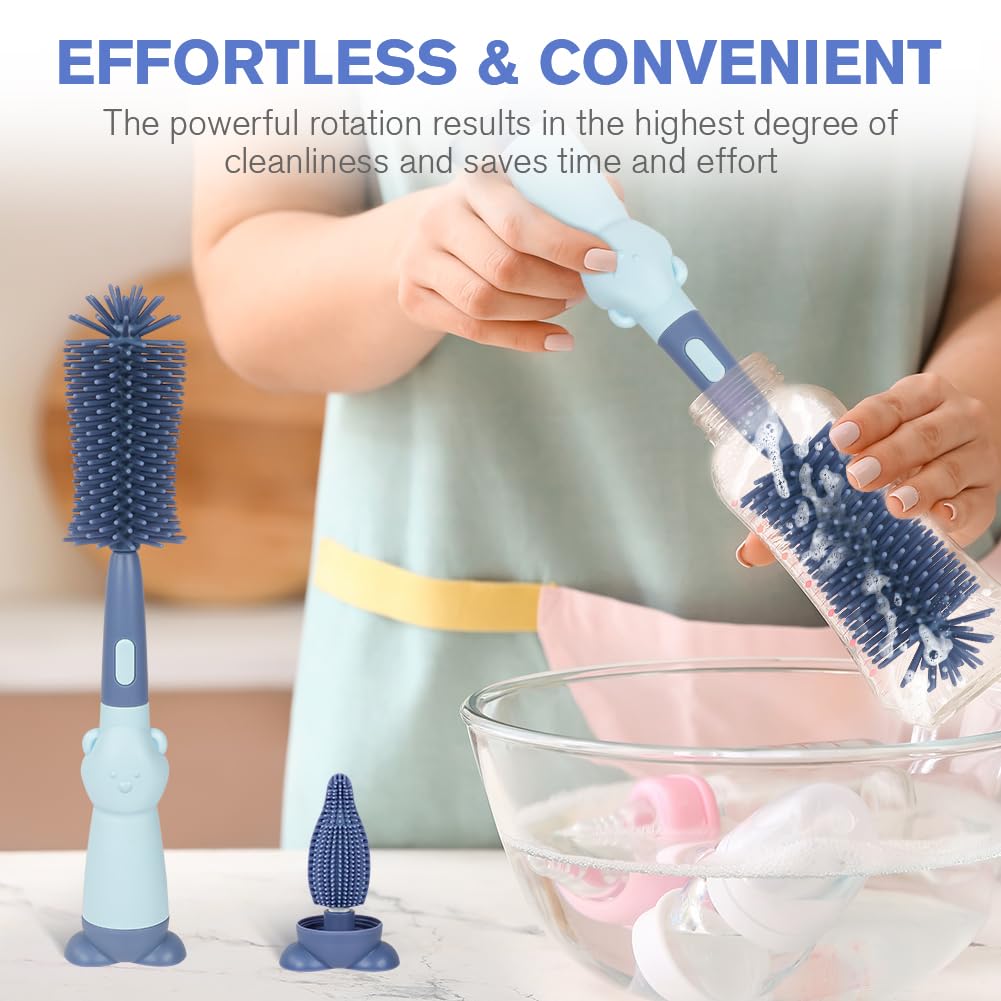Vicloon Spazzola per Biberon, 3 in 1 Spazzola per la Pulizia di Biberon e Ciuccio, Scovolino in Silicone per la Pulizia, Tettarella, Cannucce, Blu Roccia