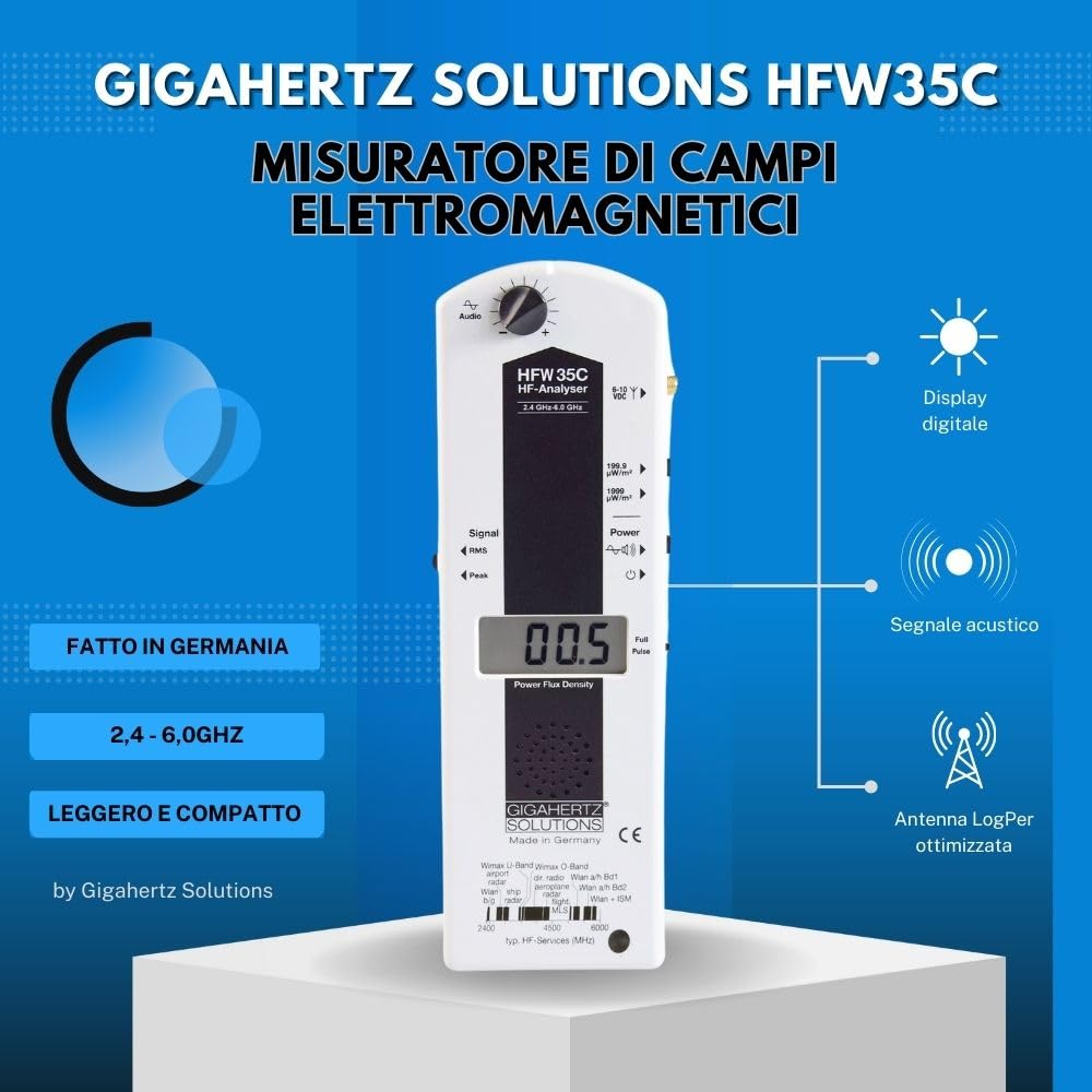 Gigahertz Solutions HFW35C - Misuratore elettrico ad alta frequenza | Antenna LogPer (2,4-6 GHz) | affidabile rilevatore 4G/5G/WIFI