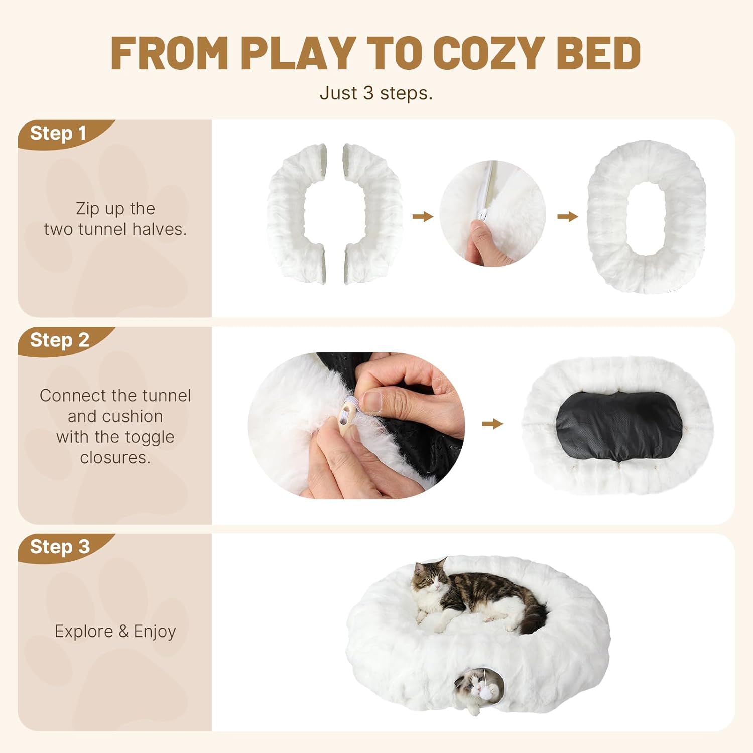 Extra Large Cat Tunnel, 47.2in Luxury Tunnel for Large Cats, Extra Long Bubble Fleece Big Cat Tunnel for Cats with Washable Mat, Skin-Friendly Large Tunnel for Cats, Puppy, Rabbits White