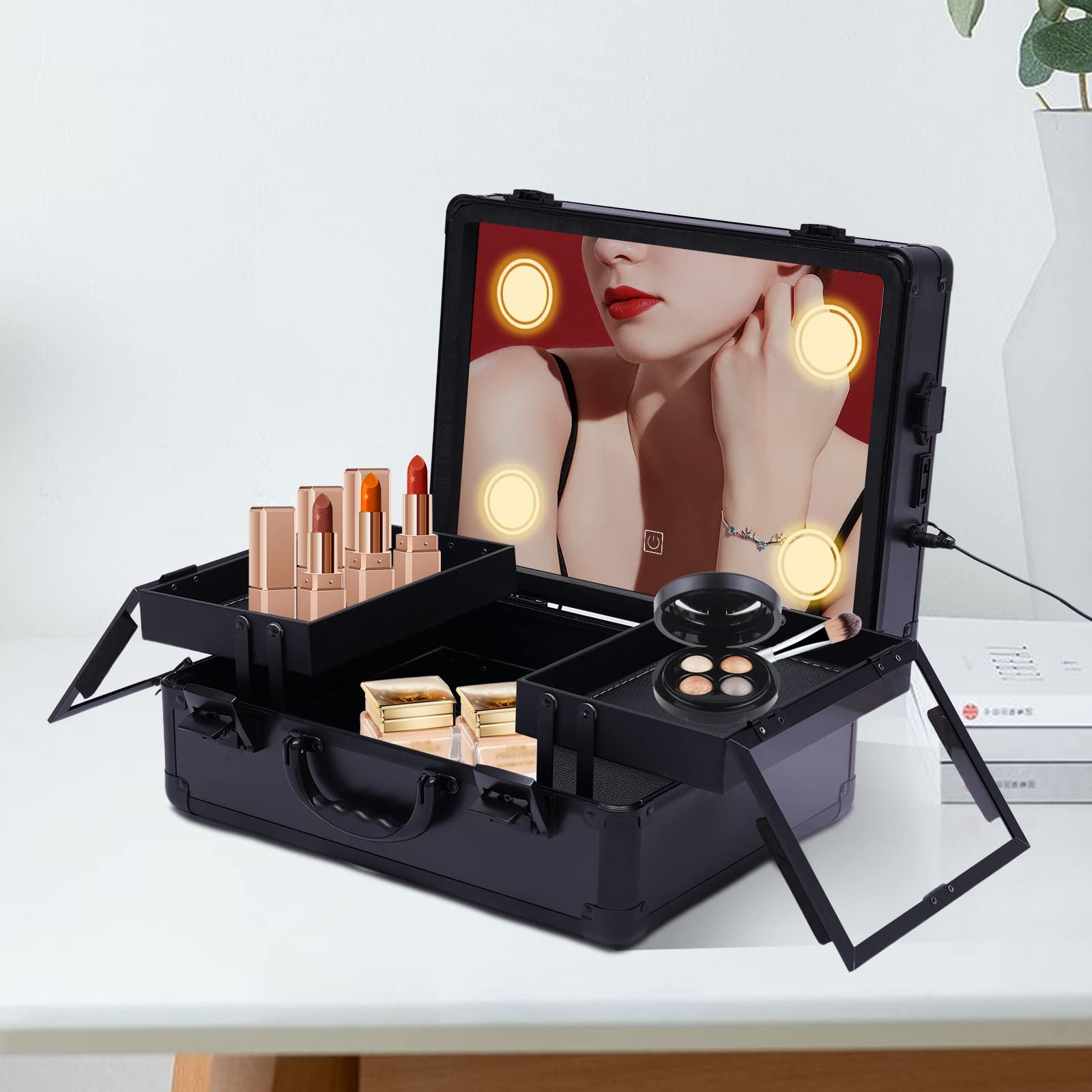 Różowe złoto ABS Makeup Case, organizer na kosmetyki z oświetleniem i lustrem, kuferek na kosmetyki z indywidualnymi przegródkami, 37 x 28 x 16 cm