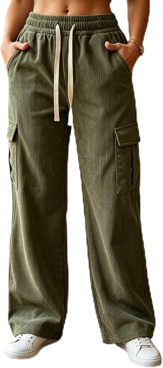FZYLQY Womens Corduroy Cargo Pants Elastic Waist Drawstring Wide Leg Casual Trousers with Pockets Loose Lounge Travel Pants