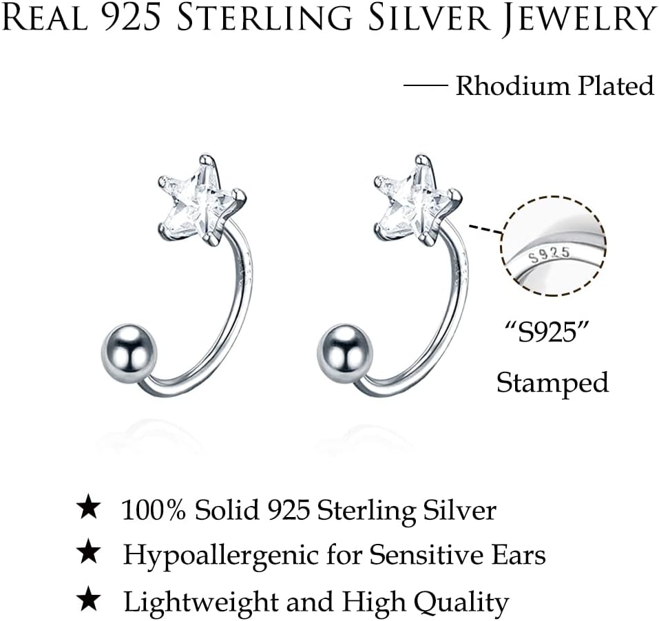 Reffeer Solid 925 Sterling Silver Star Half Hoop Earrings Open Huggie Hoops for Women Teen Girls CZ Star Hoop Earrings Ball Cuffs