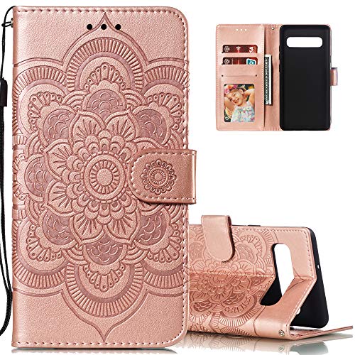 LEECOCO for Samsung S10e Case Mandala Embossing Luxury PU Leather Flip Notebook Wallet Bookstyle Magnetic Stand Card Slot Folio Bumper Protection Cover for Samsung Galaxy S10e Mandala Rose Gold LD
