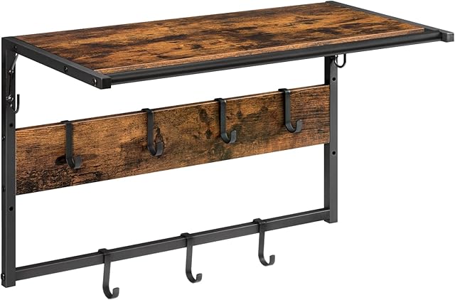 HOOBRO Coat Rack Wall Mounted, Coat Hook, Floating Coat Rack with Shelf, Hanging Rail with 7 Removable Hooks, for Hallway, Living room, Bedroom, Bathroom, Industrial Style, Rustic Brown EBF14YM01