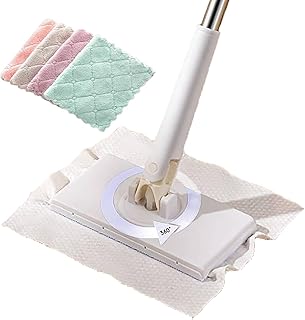 【乾湿両用モップ】自動で雑巾を挟むモップ、ペーパータオル掛けフローリングモップ 洗面タオルを自動で挟むモップ 乾湿両用モップ 汚れないハンドモップ 全自動タオルモップ 自動で雑巾を挟むモップ 自動モップ レイジーモップ 手洗い不要 両面布と小さなクリップ付き 延長されたポール設計 360°回転可能 再利用 (パープル) (白)