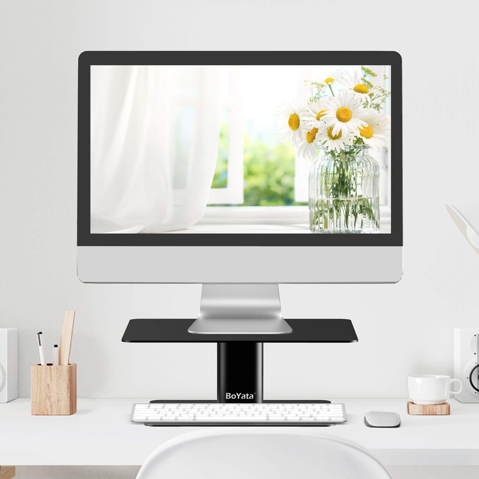 BoYata Monitor Riser Stand, Adjustable Height Metal Desktop Stand Storage Organizer for TV, PC, Laptop, Computer, iMac, All Screen Displays, Black