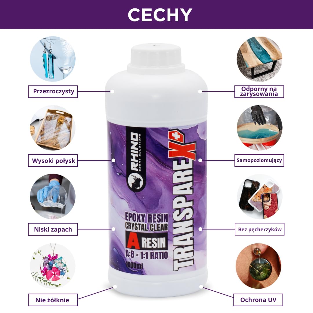 Zestaw żywicy epoksydowej przezroczysty RHINO Smart Solutions TRANSPAREX+ 2000ml do rękodzieła - 1000 ml przezroczystej płynnej żywicy + 1000 ml utwardzacz (1:1) do majsterkowania, sztuki,