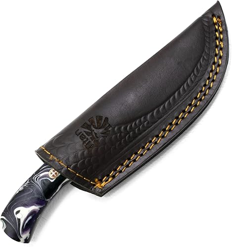 Miniatura 3 de Titan International Knives Cuchillo de caza y pelar de acero de Damasco con mango acrílico estabilizado incluye funda de cuero