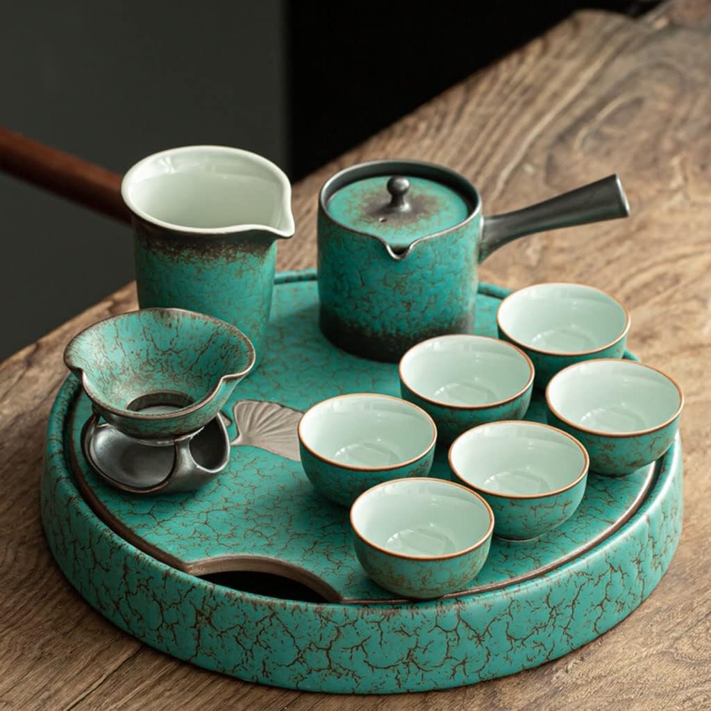 TIIAXCZ Round Kung Fu Tea Set, Chinese Tea Set Tray, Green Kiln Kung Fu ...