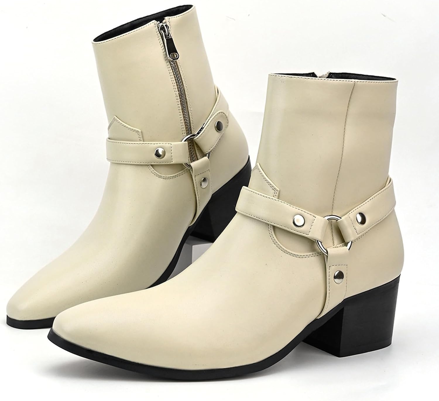 Men's Leather Chunky Block Heel Dress Chelsea Boots with Buckle Strap Fashion Cap Toe Side Zipper High Heel High Top Formal Oxford Shoes Casual Business Chukka Booties - Image 2