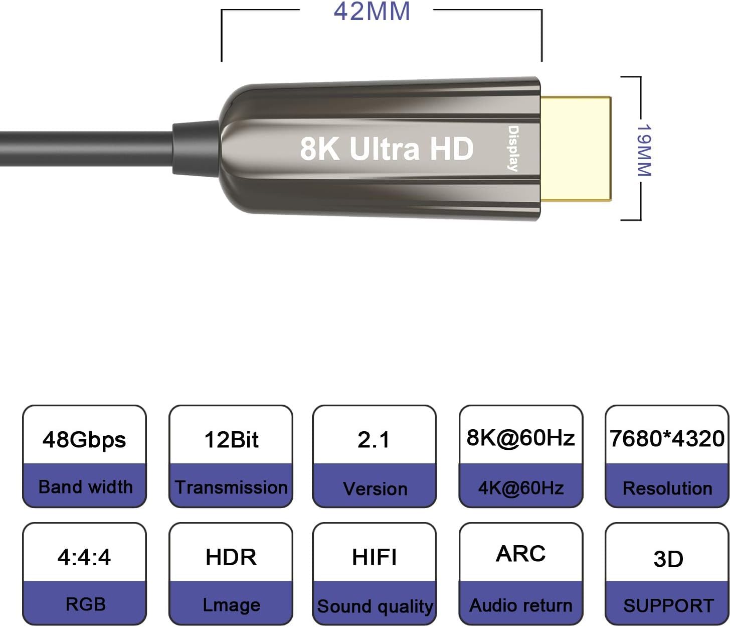 Cable HDMI de fibra óptica 8K, cable HDMI 2.1 de alta velocidad compatible con 4K @60Hz Dynamic HDR 10, eARC, HDCP2.2, -65 pies