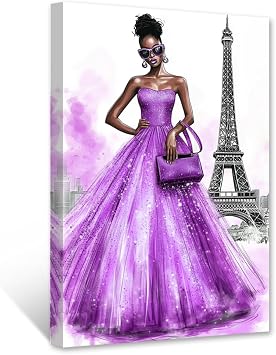 PBXBJY African American Wall Art Fashion Black Girl Canvas Paris Girl Print Purple Woman with Eiffel Tower Pictures Abstract Female Office Bedroom Decor Framed 12.00" x 18.00"