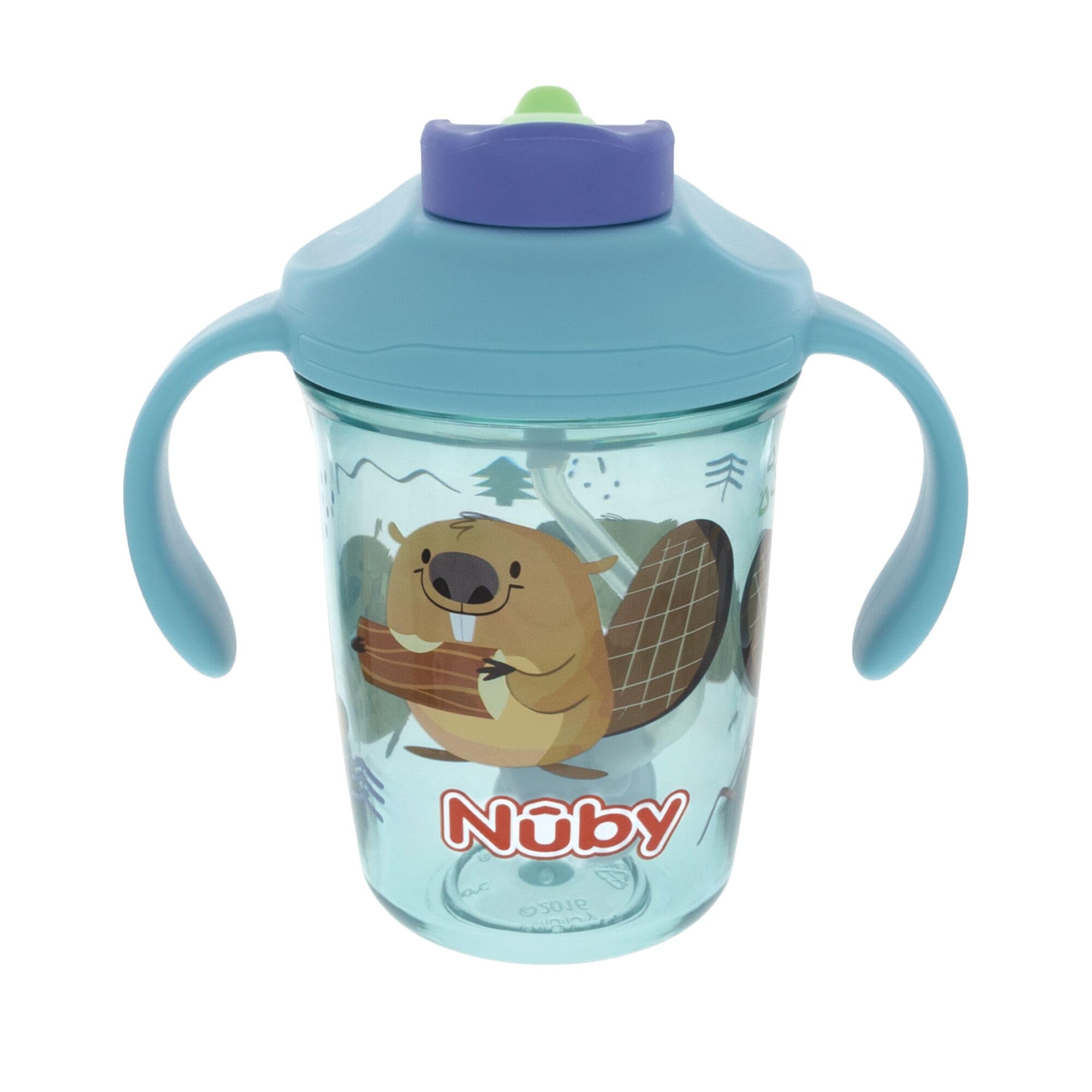 Nuby Multi-Function 2-in-1 Toddler Cup with 360° Weighted Straw and Hard Spout - 8 oz - Easy Grip Handles and Flip-It Top - 4+ Months - Beavers