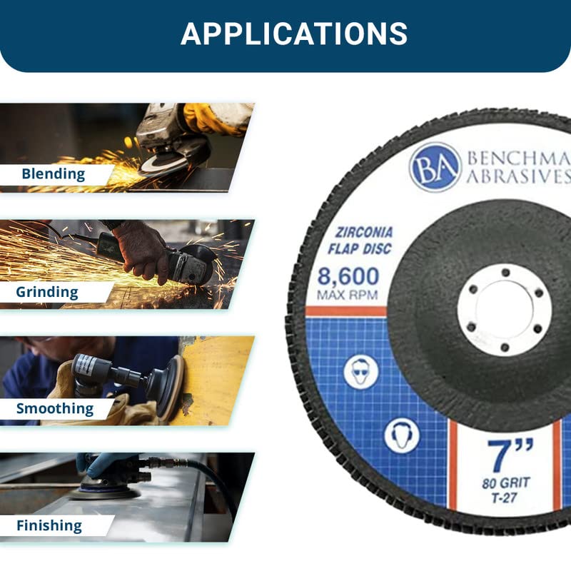 Miniatura 10 de Benchmark Abrasives Discos de solapa tipo 27 de circonita jumbo de alta densidad de 7 x 7/8 pulgadas para amoladora angular, discos de lijado de 7