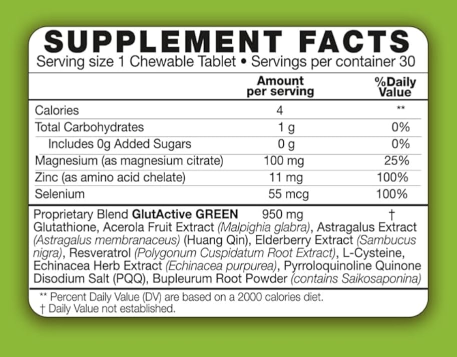 GlutActive Green 950mg Immune Support Glutathione Antioxidant, Detox, Increase Immunity, Energy, Strengthen & Cellular Protect 30 Chewable Tablets : Health & Household